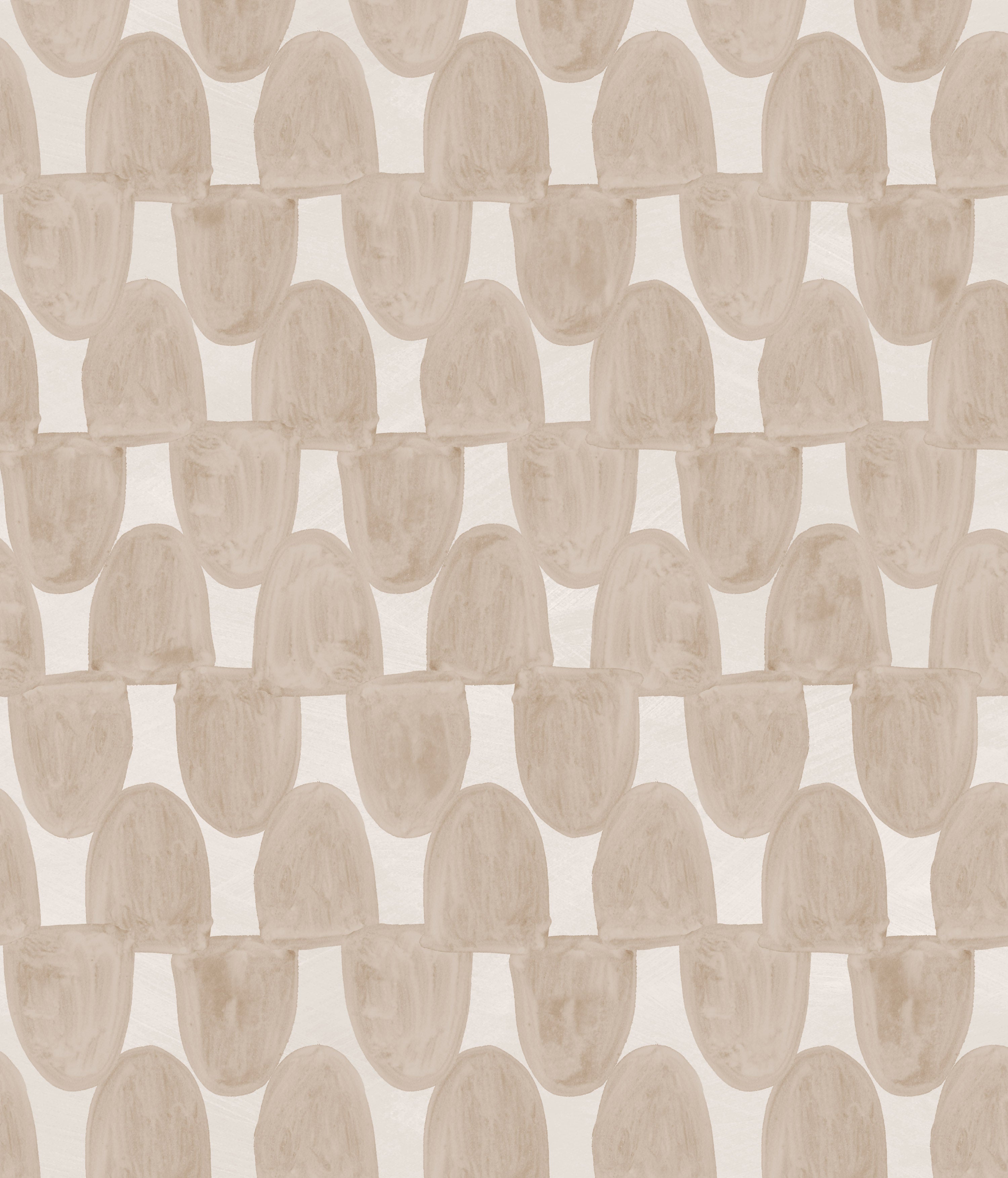 Detail of wallpaper in an abstract scalloped print in tan on a cream field.