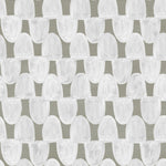 Detail of wallpaper in an abstract scalloped print in white on an olive field.
