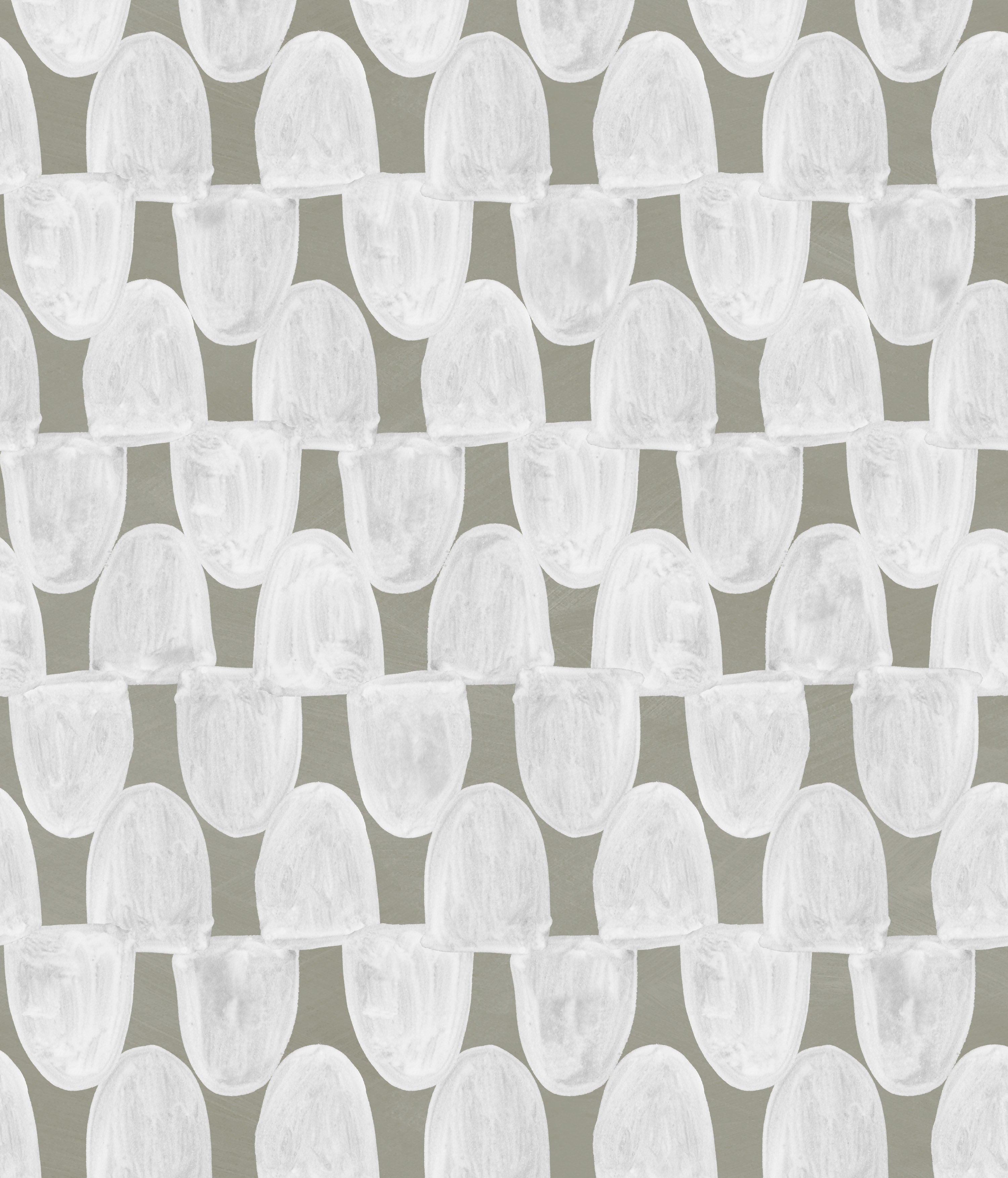 Detail of wallpaper in an abstract scalloped print in white on an olive field.