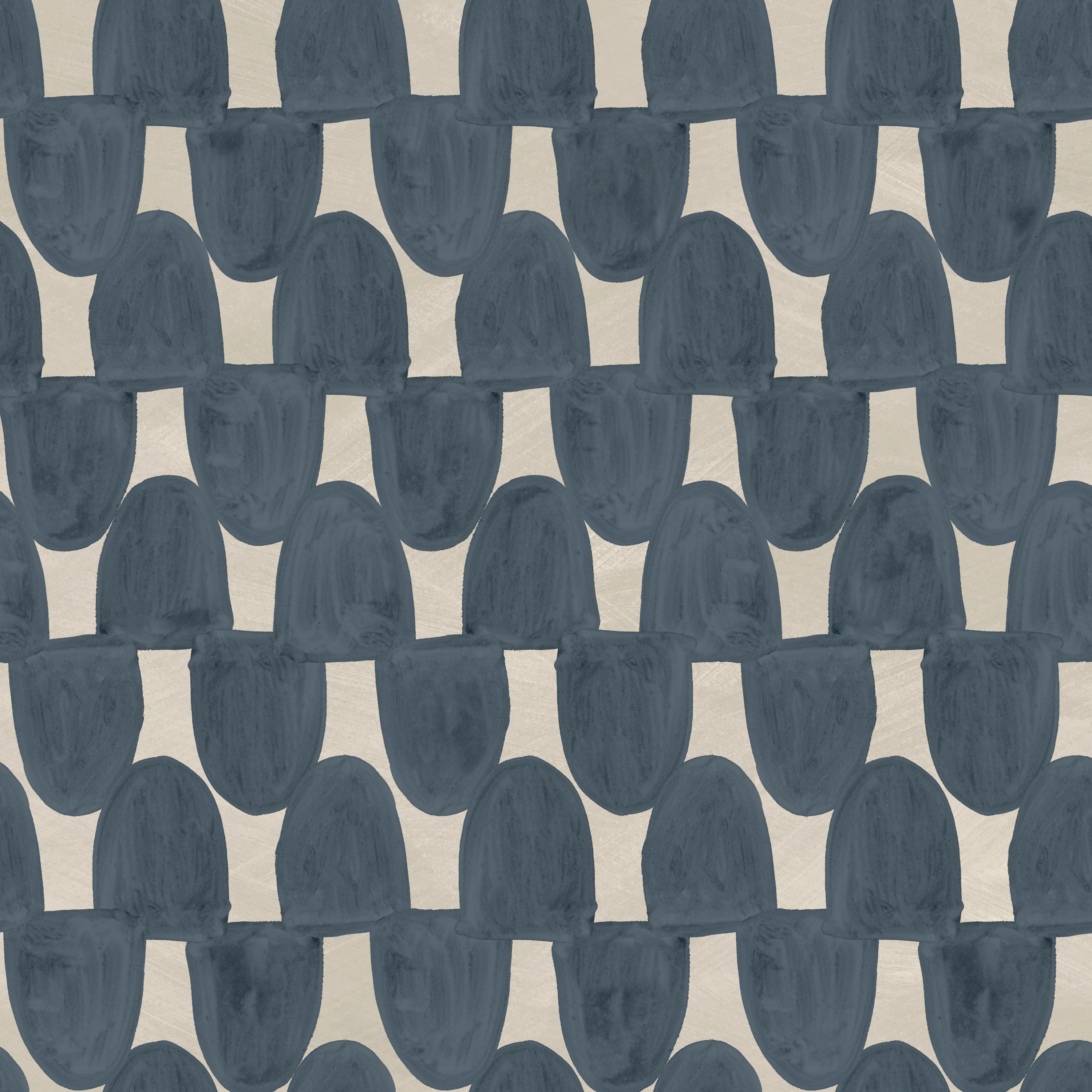 Detail of fabric in an abstract scalloped print in navy on a tan field.