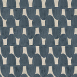 Detail of wallpaper in an abstract scalloped print in navy on a greige field.
