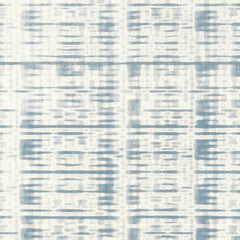 Swatch of wallpaper in a fuzzy, broken linear pattern. Pattern is light blue on a cream background.