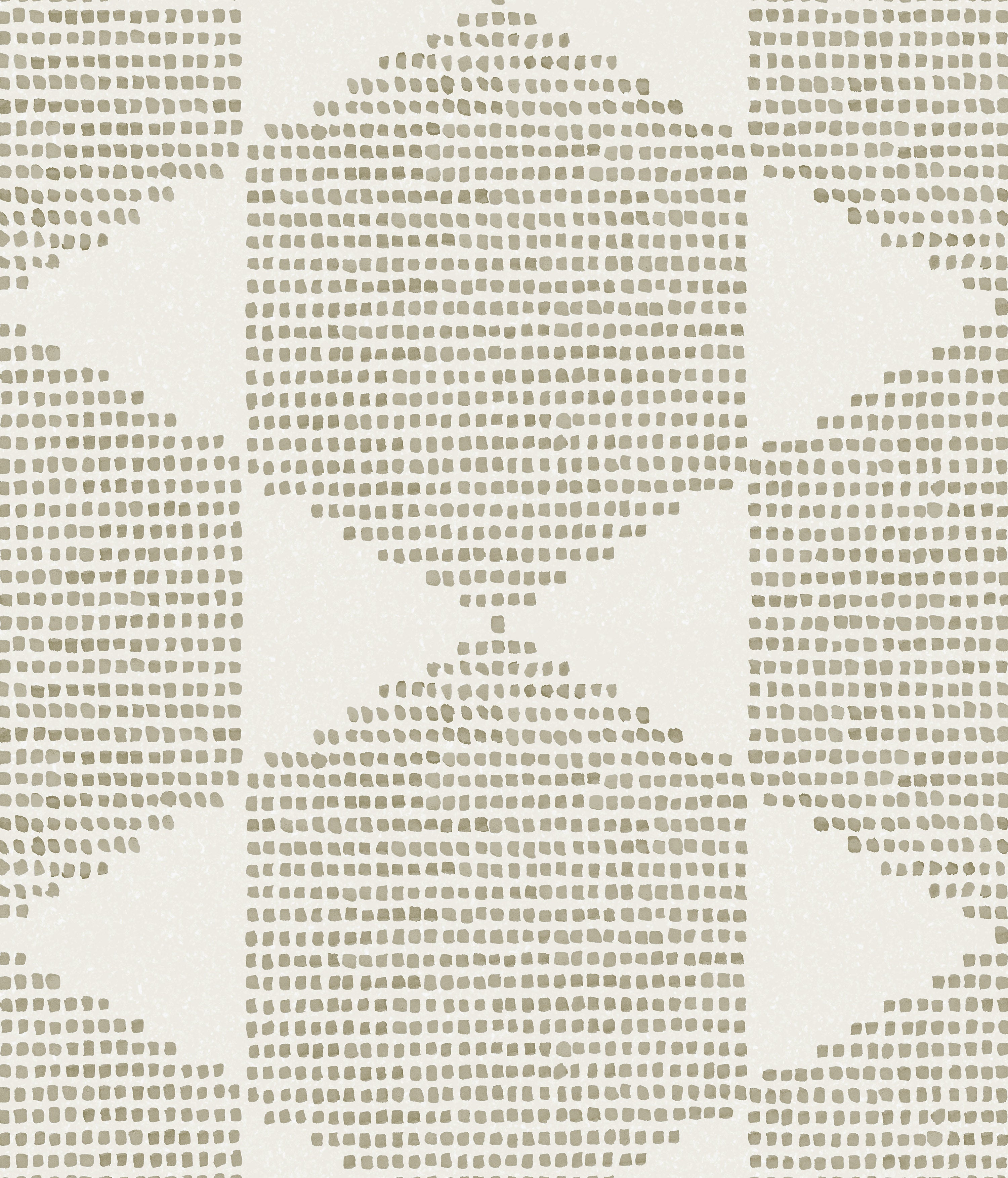 Detail of wallpaper in a geometric star print in olive on a cream field.