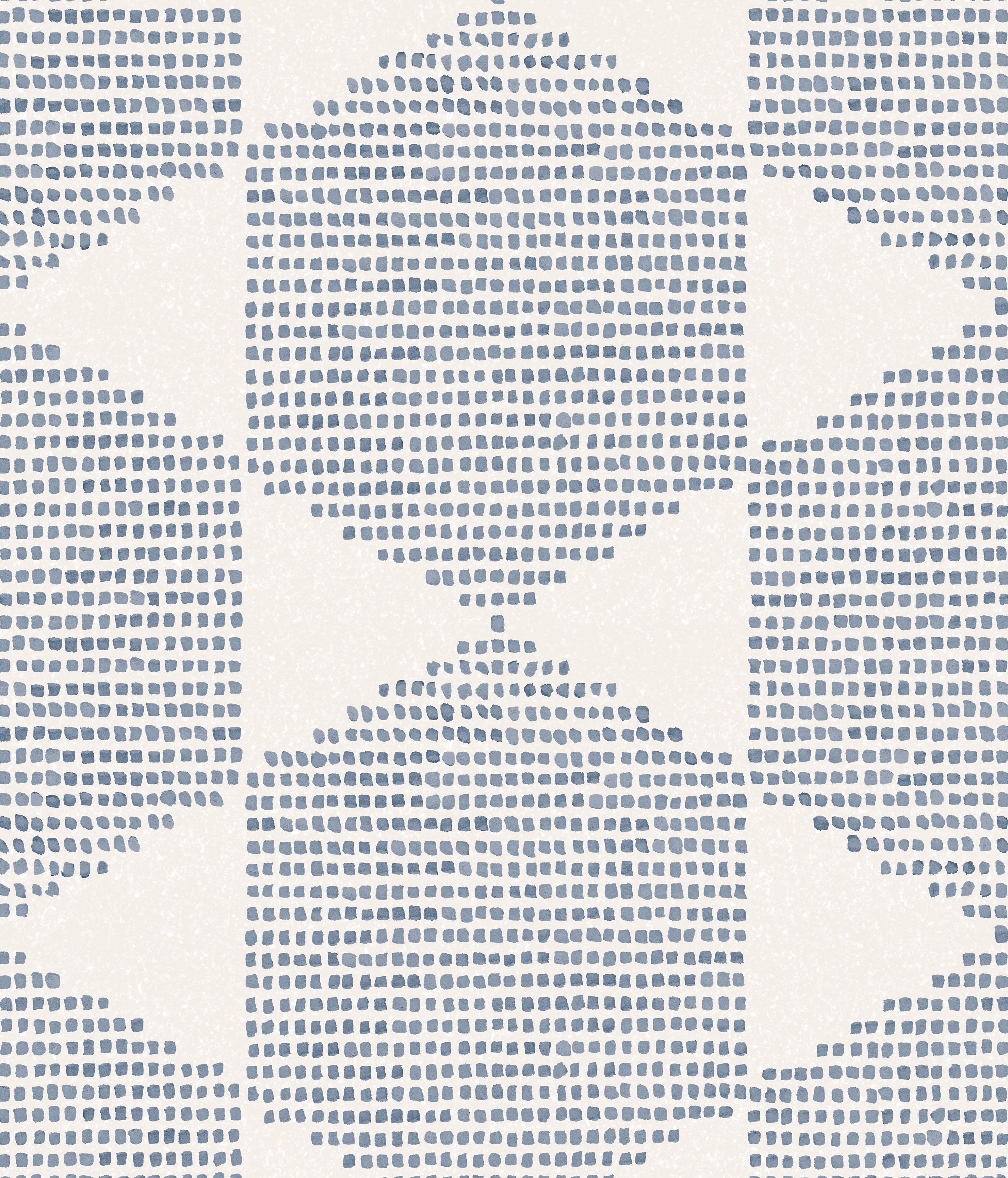 Detail of wallpaper in a geometric star print in blue on a cream field.
