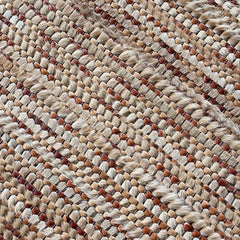 Close-up of a textile swatch with a bulky striped weave in shades of cream, tan and brown.