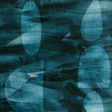 Detail of wallpaper in an abstract curvolinear pattern in shades of turquoise, navy and black.