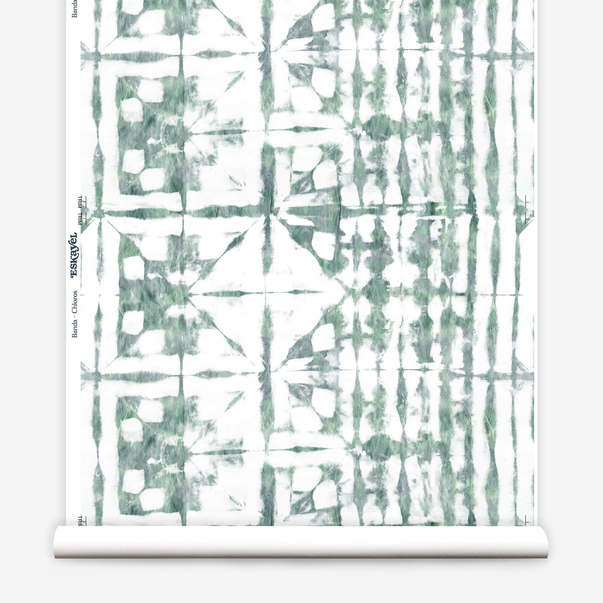 Partially unrolled wallpaper yardage in an abstract dyed grid print in mottled white and green.