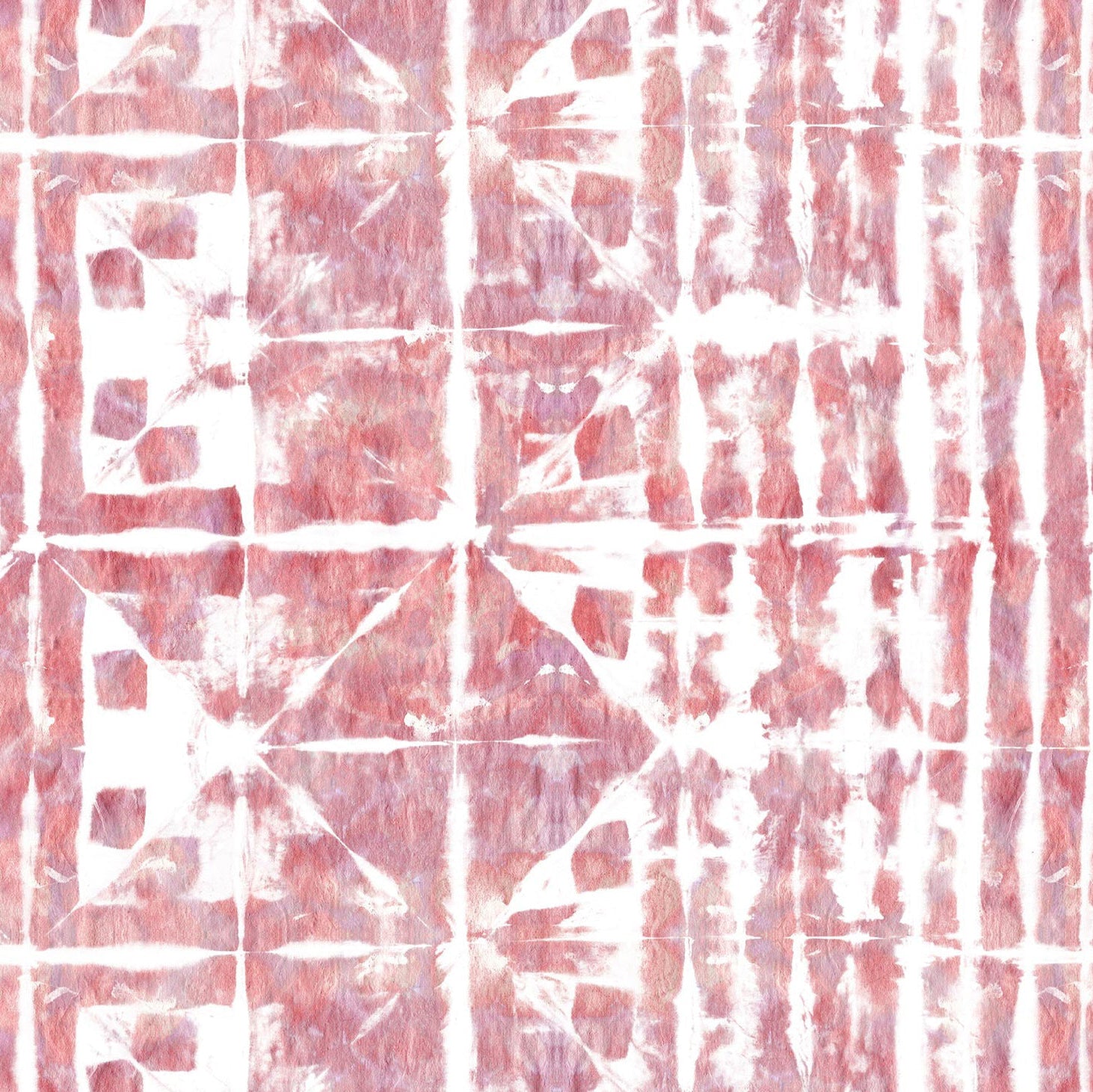 Detail of wallpaper in an abstract dyed grid print in mottled white, pink and red.