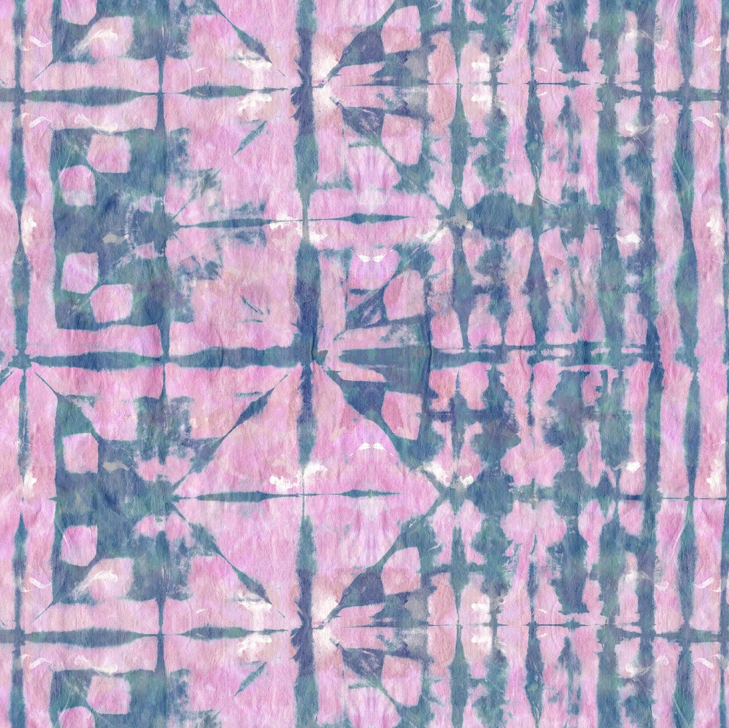 Detail of wallpaper in an abstract dyed grid print in mottled pink and navy.