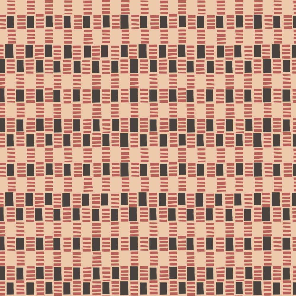 Detail of fabric in a geometric check print in shades of pink, tan and black.