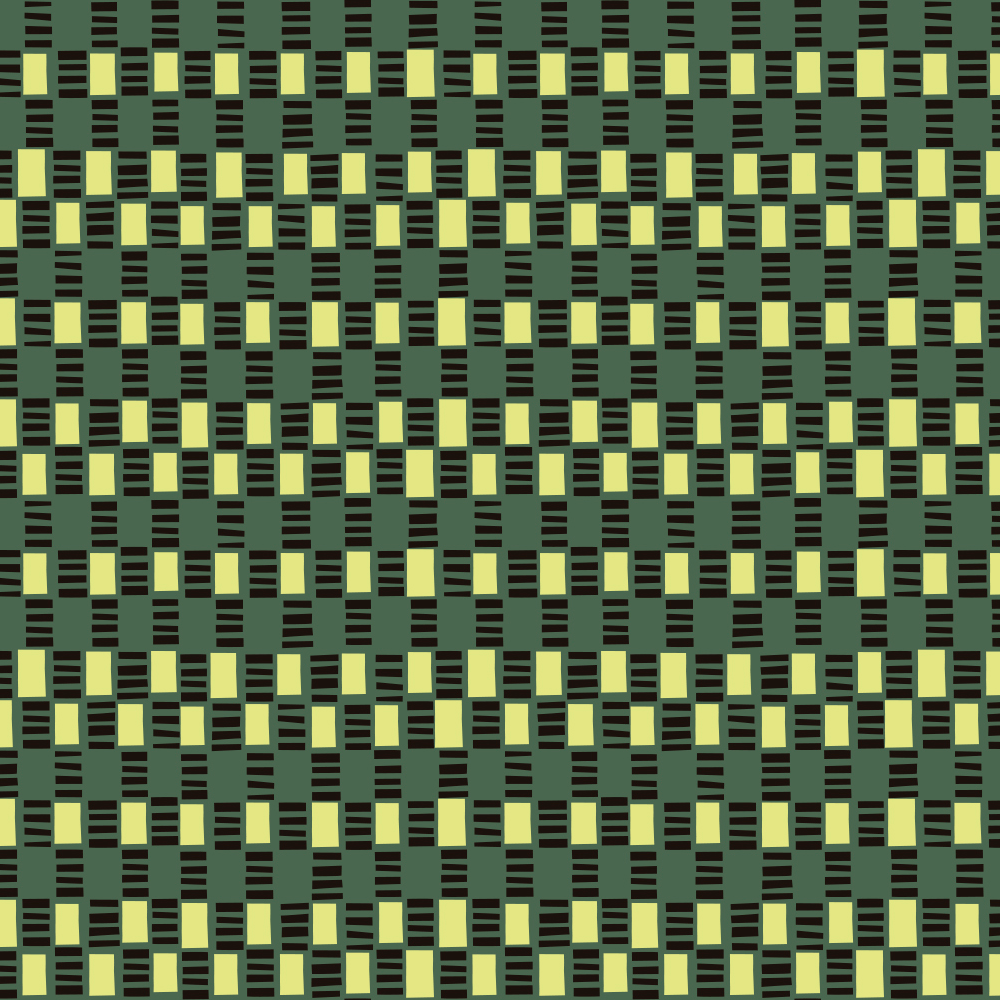 Detail of wallpaper in a geometric check print in shades of green, yellow and black.