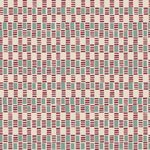 Detail of wallpaper in a geometric check print in shades of red, cream and turquoise.