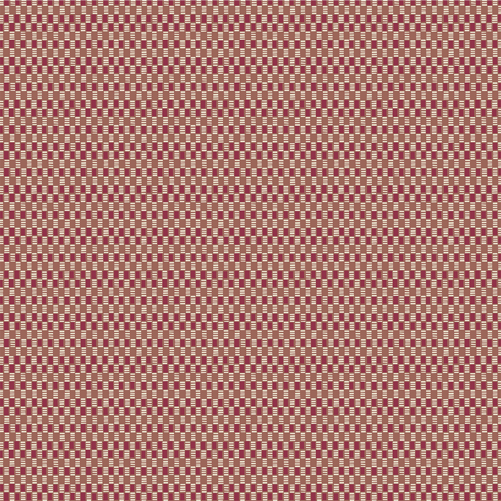 Scaled-out view of fabric in a small-scale geometric check print in shades of red, cream and tan.