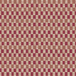 Detail of fabric in a geometric check print in shades of red, cream and tan.