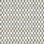 Detail of fabric in a geometric check print in shades of cream, white and black.