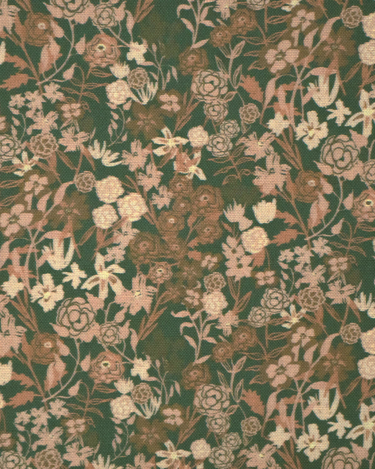 Detail of fabric in a dense small-scale floral print in shades of brown and tan on a green field.