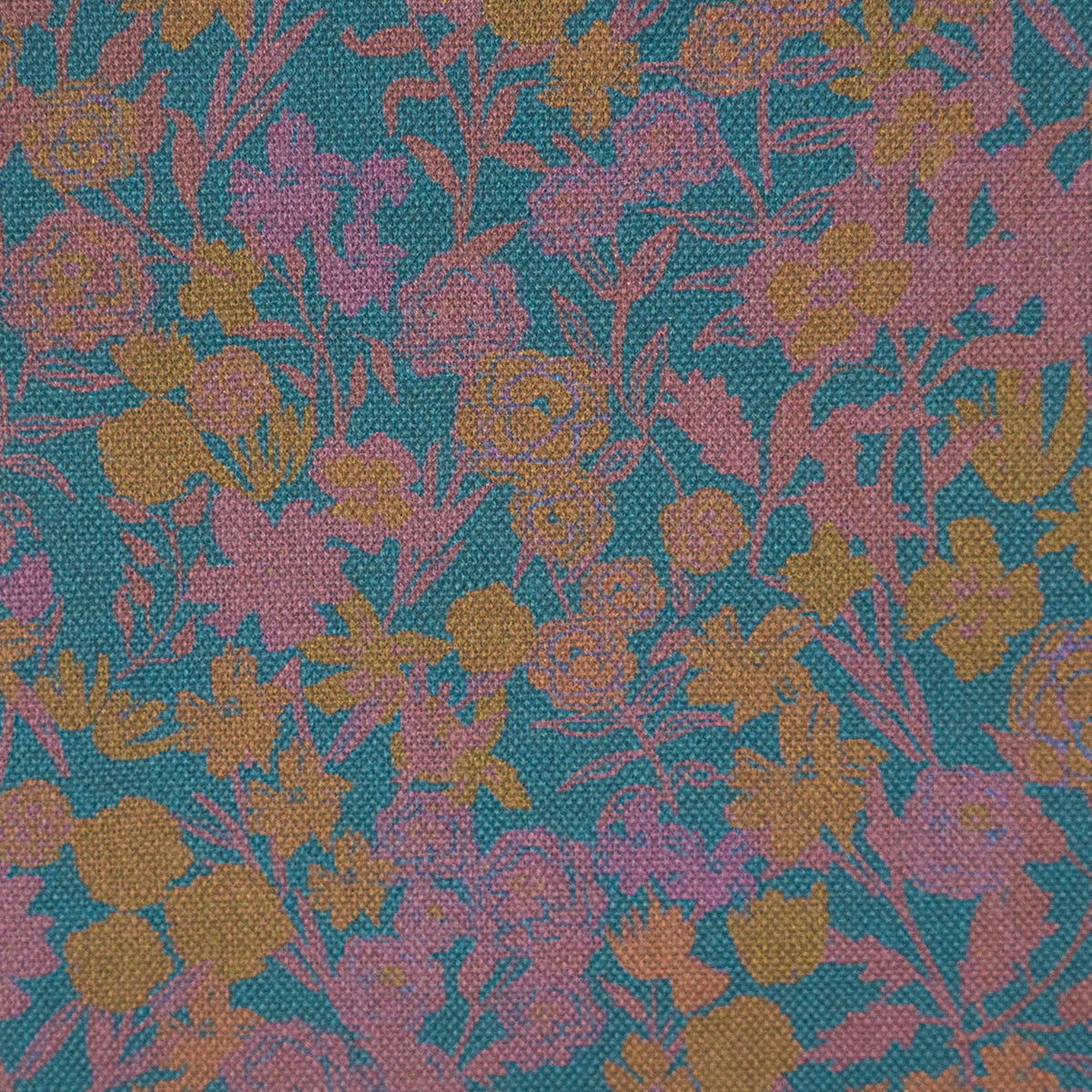 Detail of fabric in a dense small-scale floral print in shades of purple and gold on a navy field.