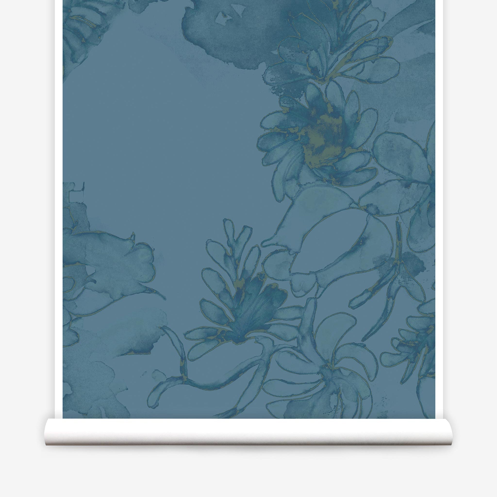 Partially unrolled wallpaper yardage in a painterly floral print in shades of navy and yellow on a blue field.