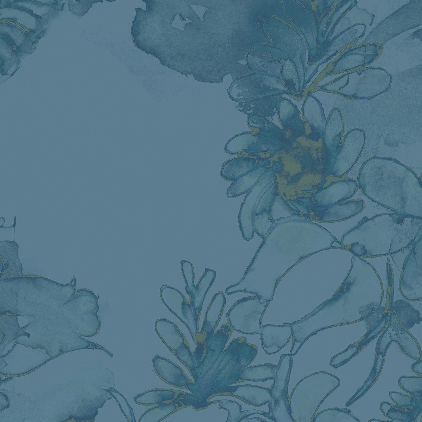 Detail of wallpaper in a painterly floral print in shades of navy and yellow on a blue field.