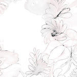 Detail of wallpaper in a painterly floral print in shades of pink and charcoal on a white field.