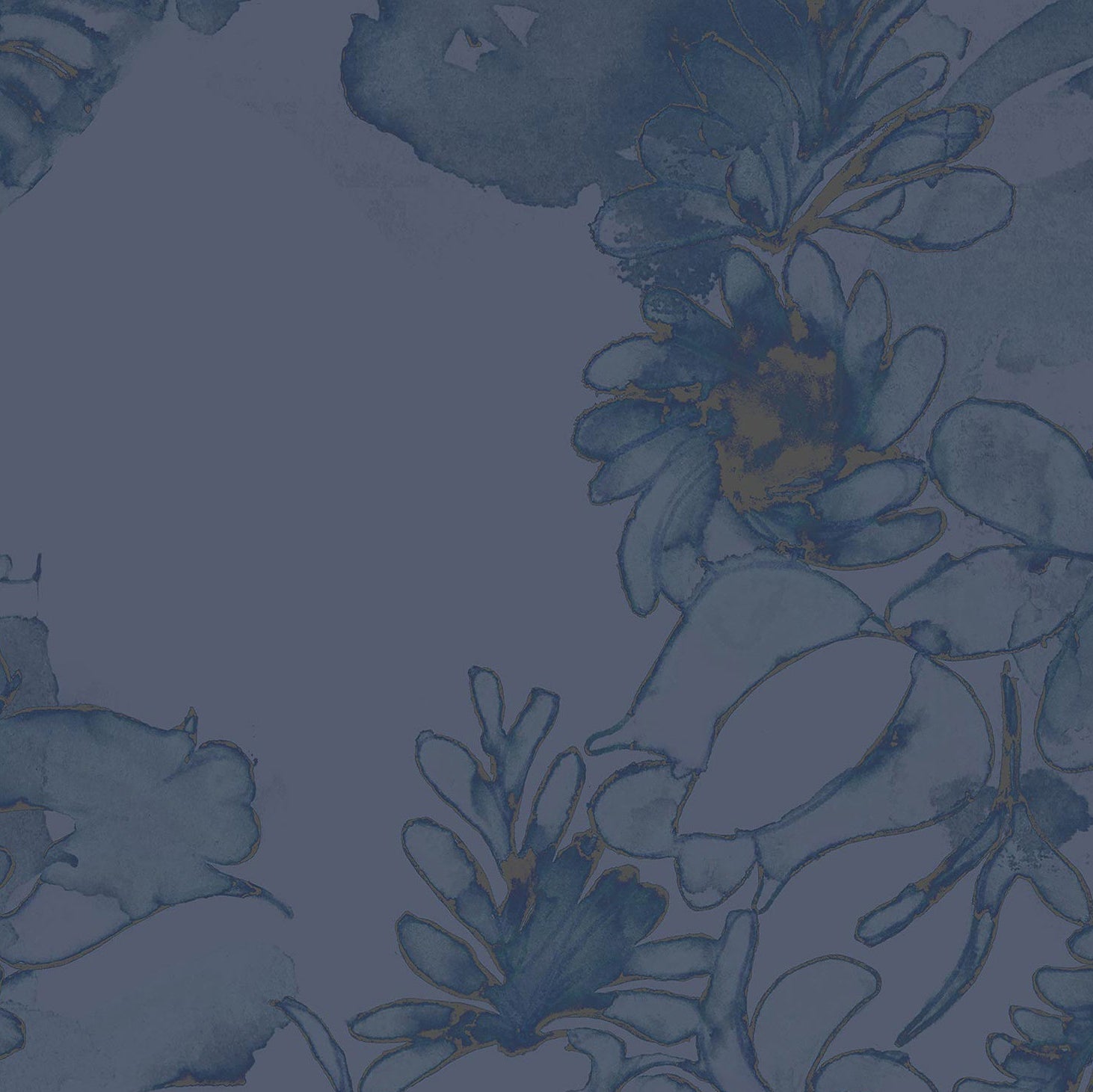 Detail of wallpaper in a painterly floral print in shades of navy and tan on a blue field.