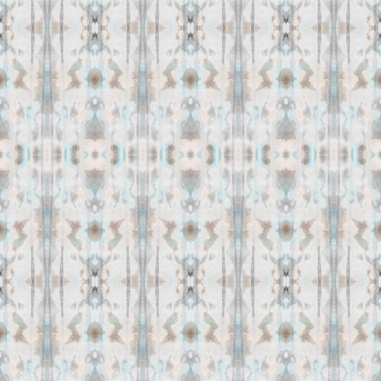 Detail of wallpaper in a painterly ikat print in turquoise, gray and tan.