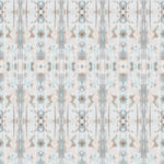 Detail of wallpaper in a painterly ikat print in turquoise, gray and tan.