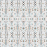 Detail of wallpaper in a painterly ikat print in turquoise, gray and tan.