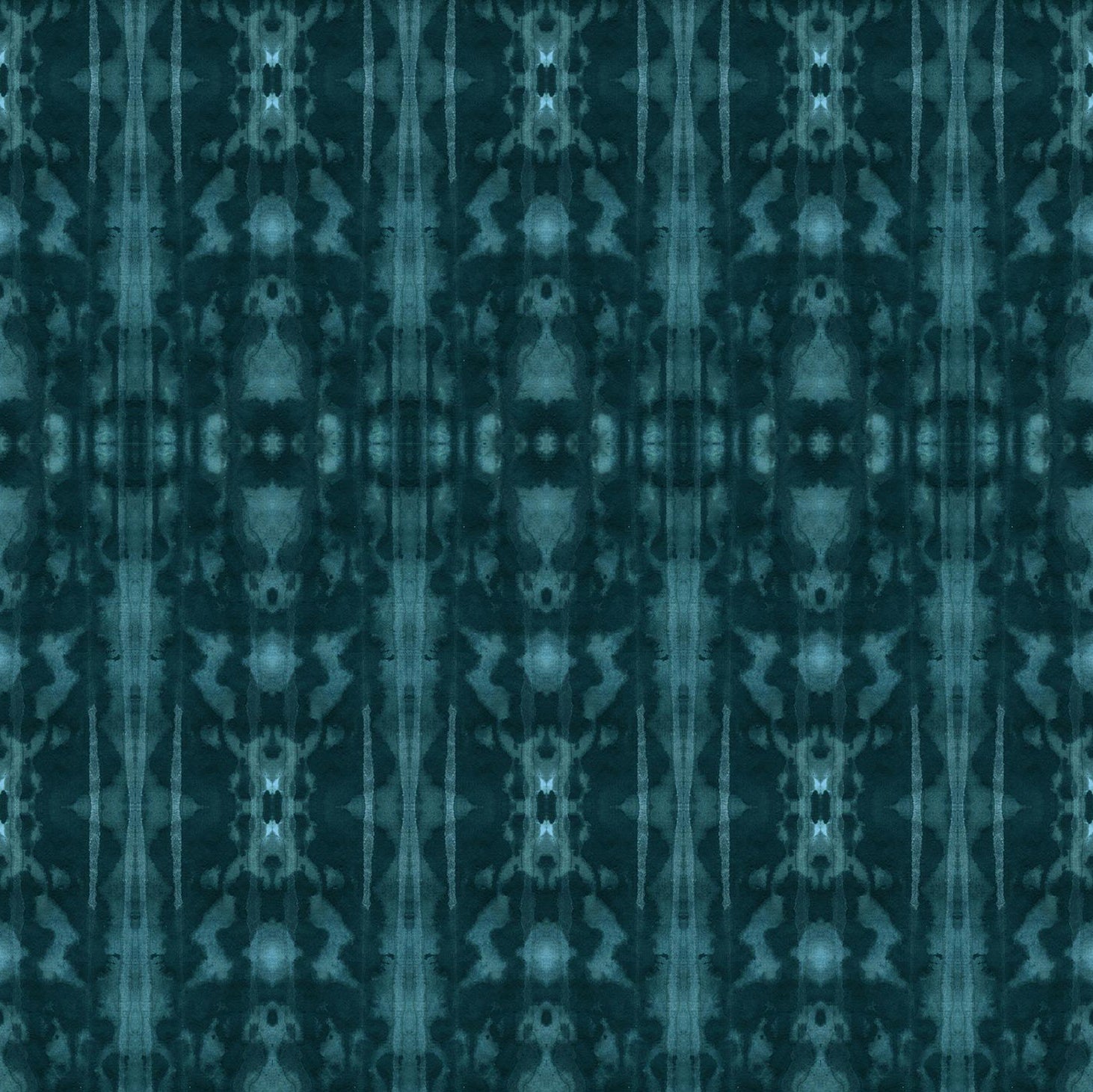 Detail of wallpaper in a painterly ikat print in turquoise and navy.