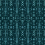 Detail of wallpaper in a painterly ikat print in turquoise and navy.