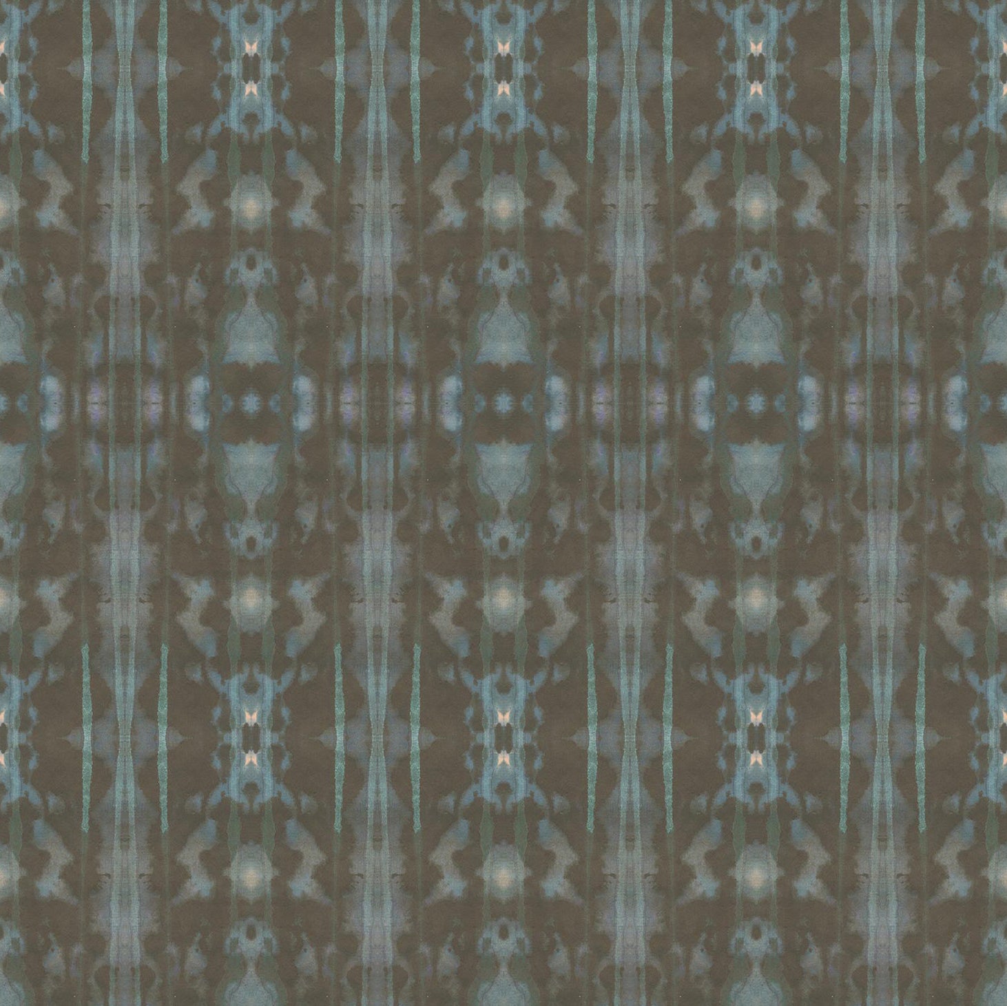 Detail of wallpaper in a painterly ikat print in turquoise and brown.