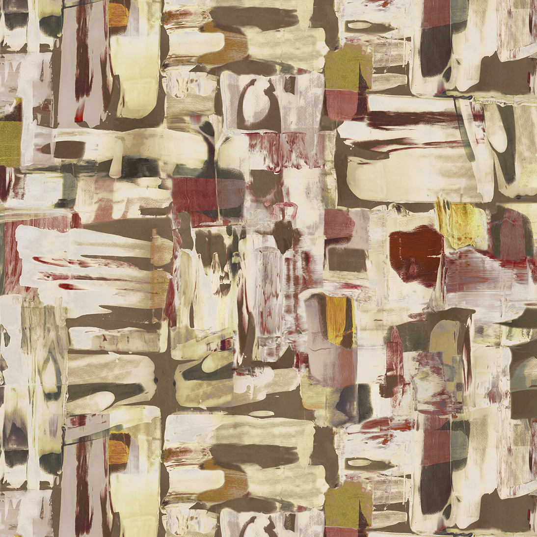 Wallpaper swatch in a dense hand-painted brushstroke pattern in shades of green, olive and maroon.