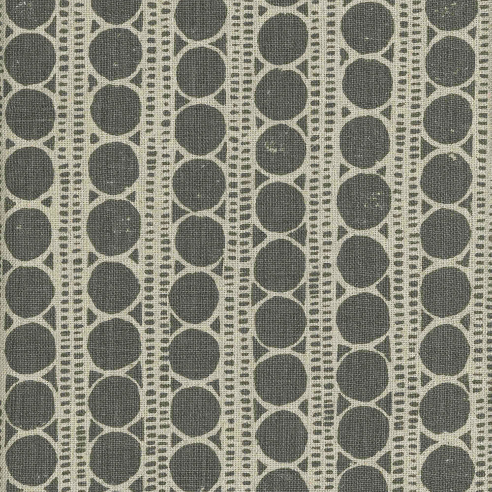 Detail of fabric in a circle and stripe print in cream on a gray field.