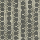 Detail of fabric in a circle and stripe print in cream on a gray field.