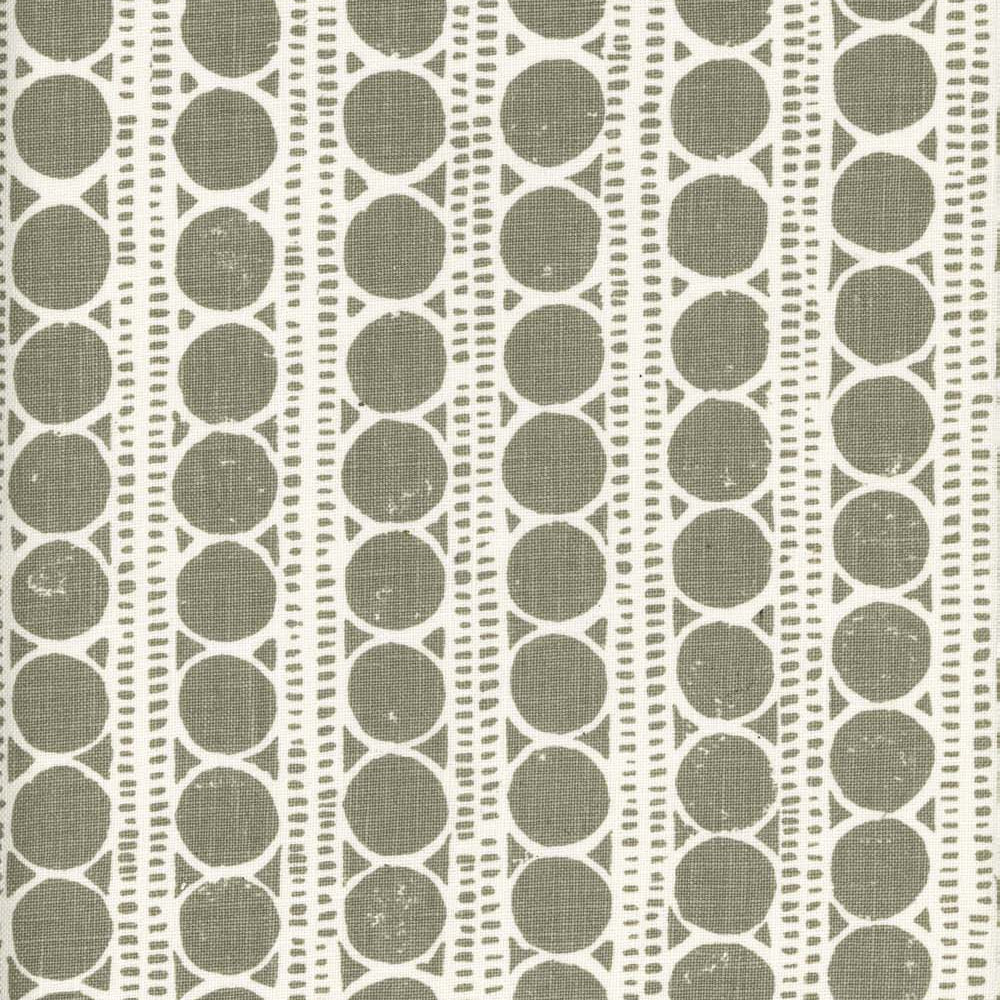 Detail of fabric in a circle and stripe print in white on an olive field.