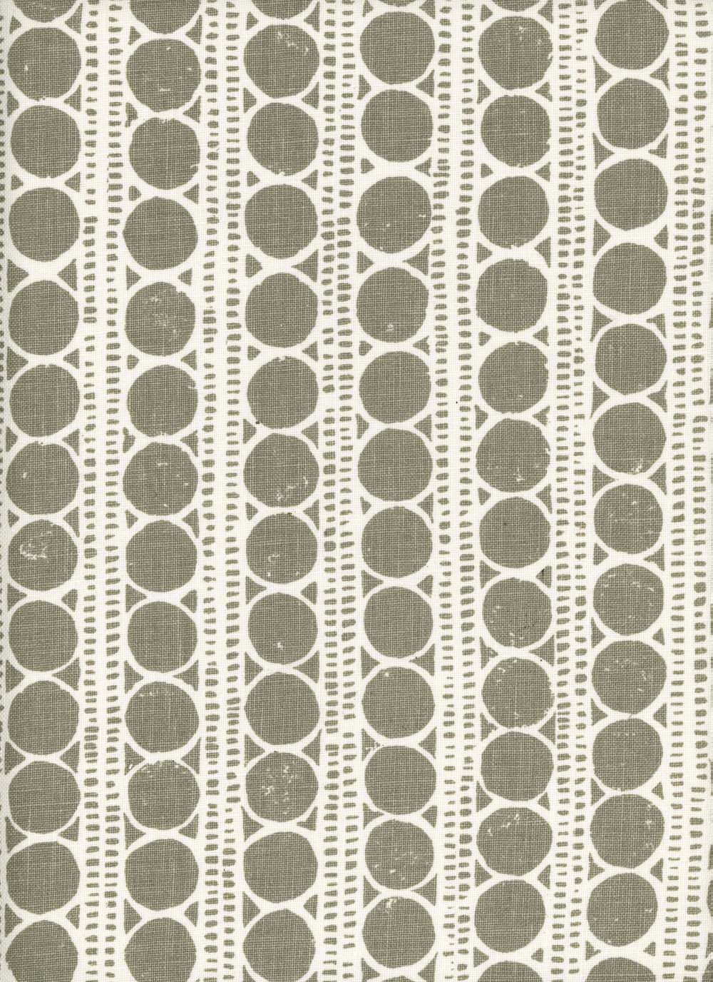 Detail of fabric in a circle and stripe print in white on an olive field.