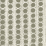 Detail of fabric in a circle and stripe print in white on an olive field.