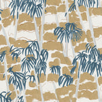 Detail of fabric in a painterly palm tree print in shades of gray, brown and navy on a white field.