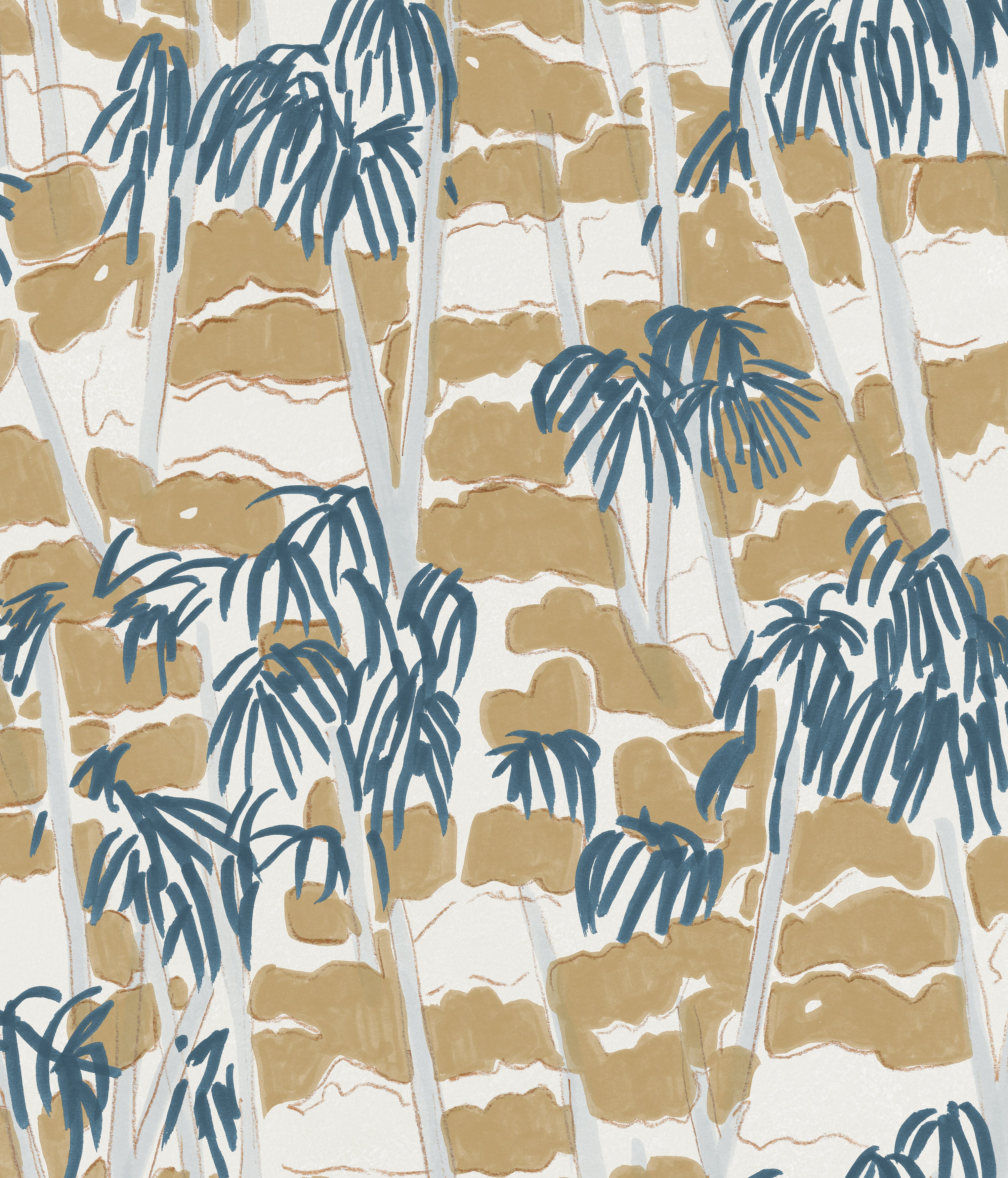 Detail of fabric in a painterly palm tree print in shades of gray, brown and navy on a white field.