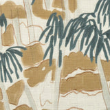 Close-up of fabric in a painterly palm tree print in shades of gray, brown and navy on a white field.