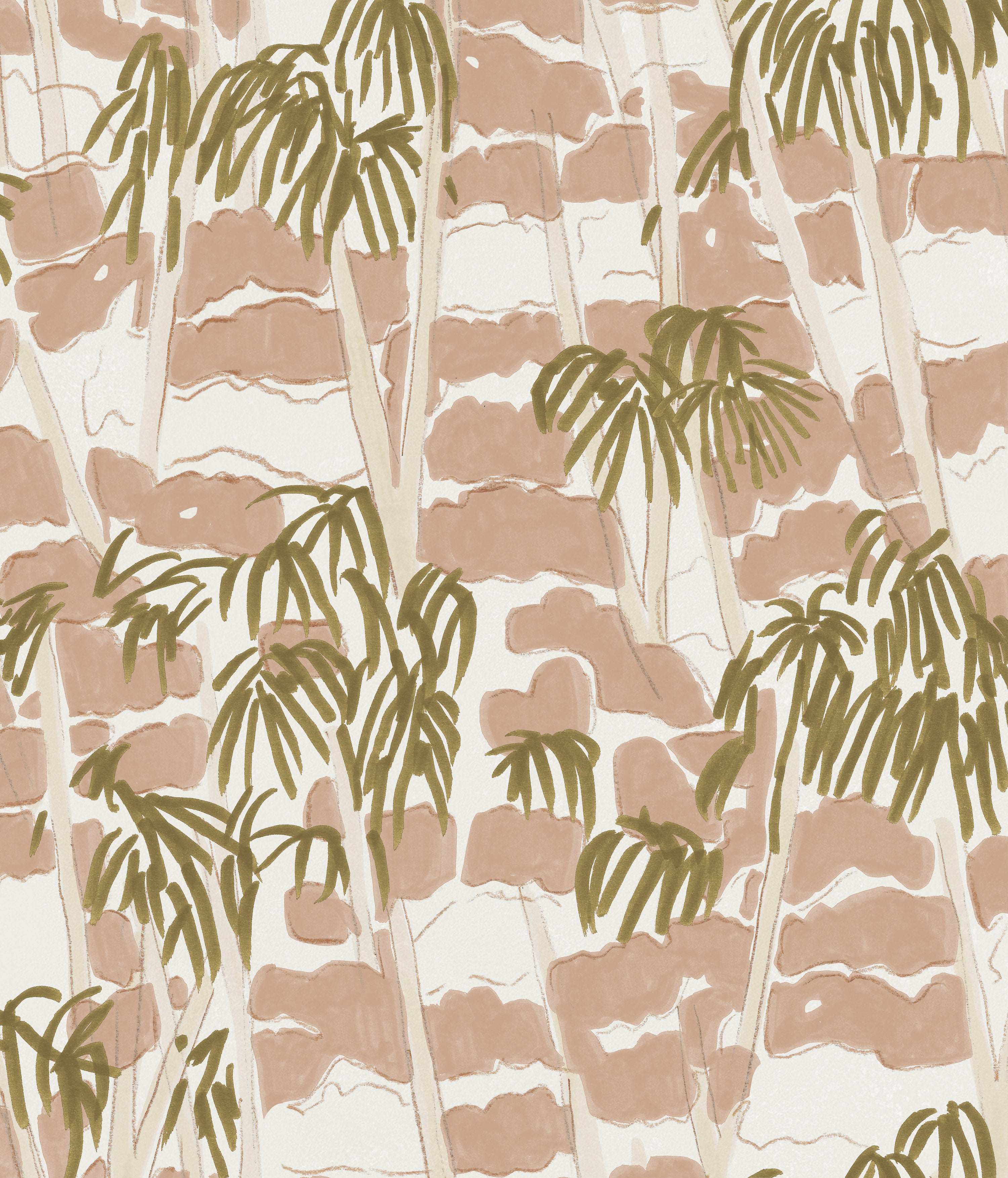 Detail of fabric in a painterly palm tree print in shades of pink, beige and olive on a white field.