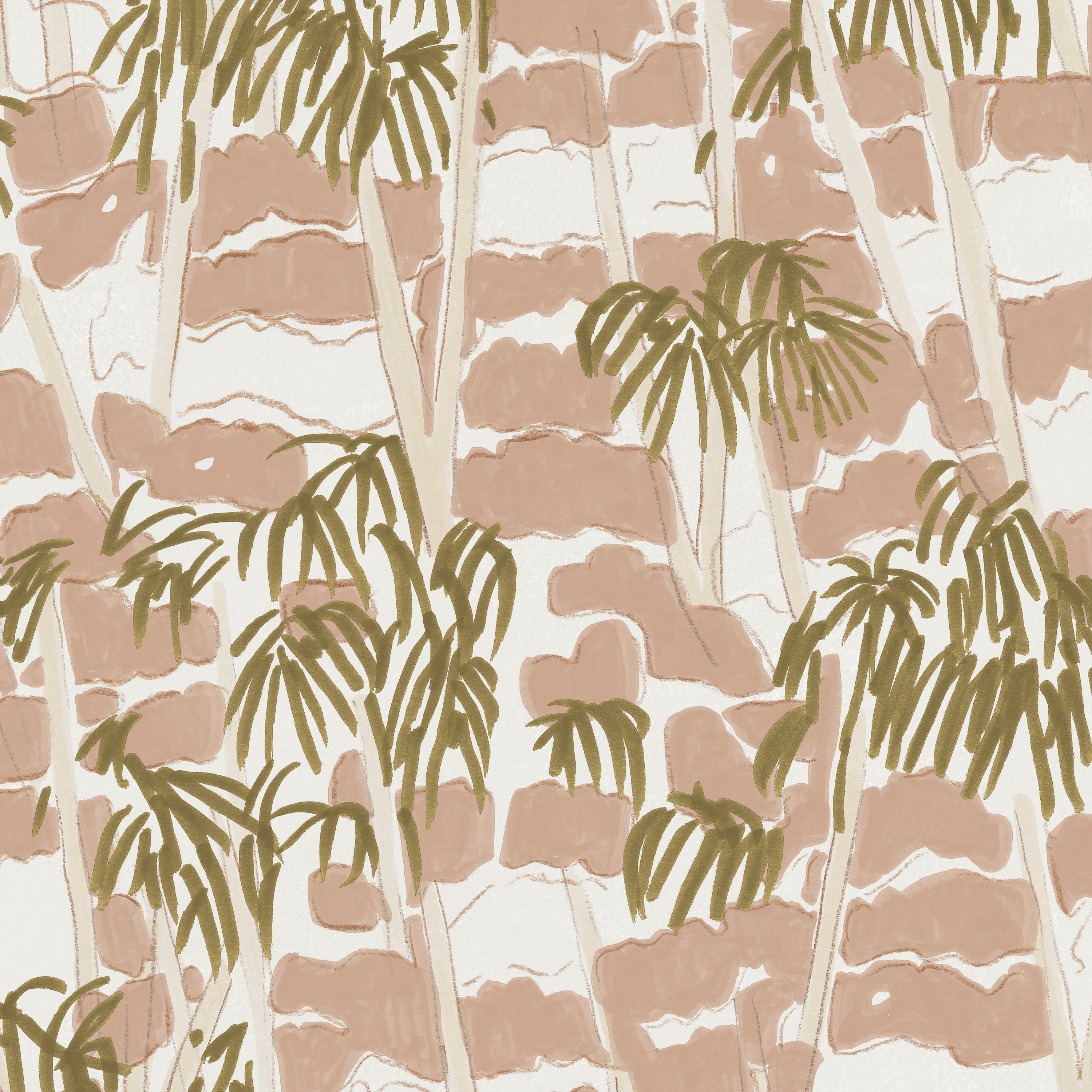 Detail of wallpaper in a painterly palm tree print in shades of pink, beige and olive on a white field.