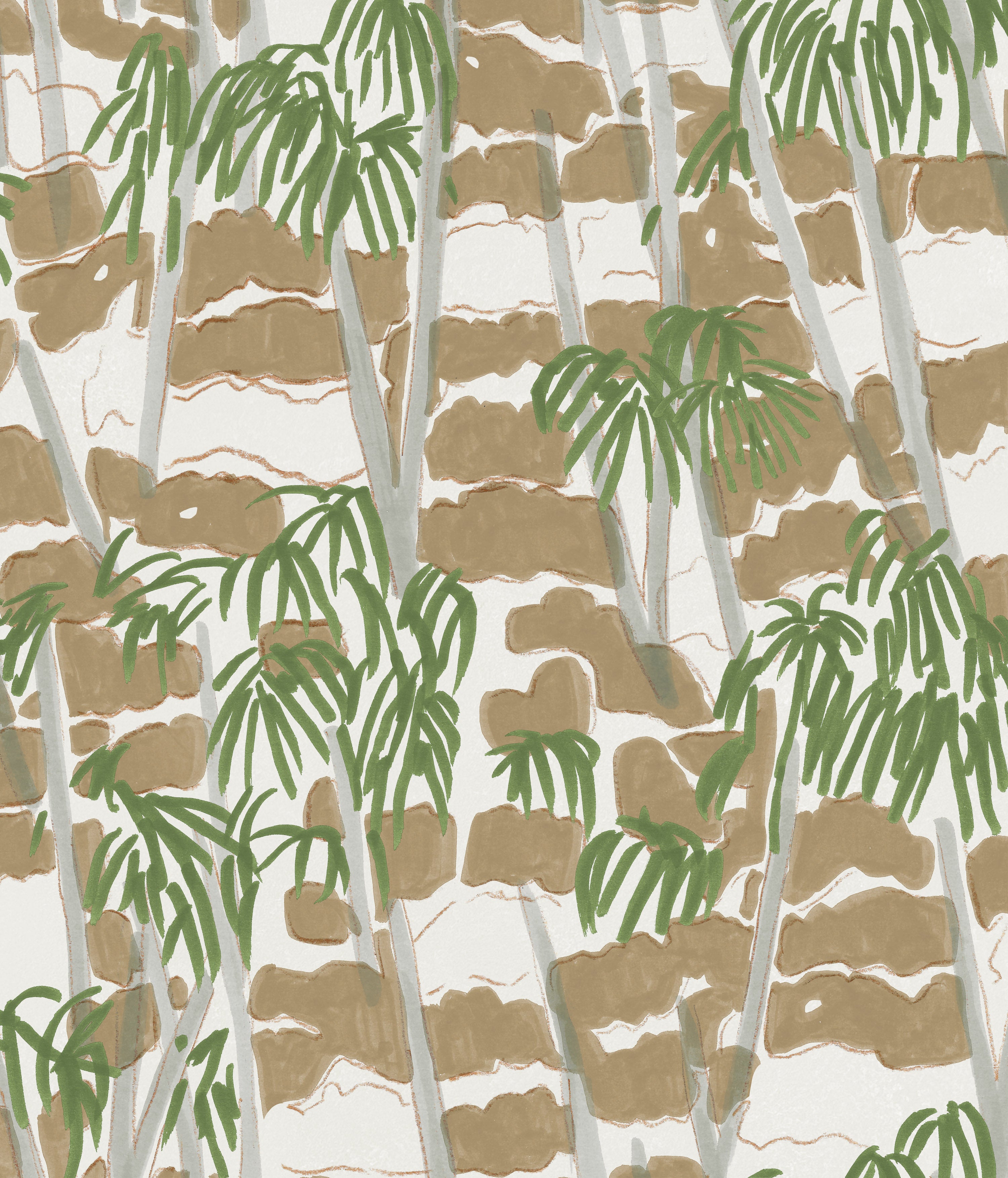 Detail of fabric in a painterly palm tree print in shades of green, gray and brown on a white field.