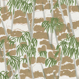 Detail of wallpaper in a painterly palm tree print in shades of green, gray and brown on a white field.