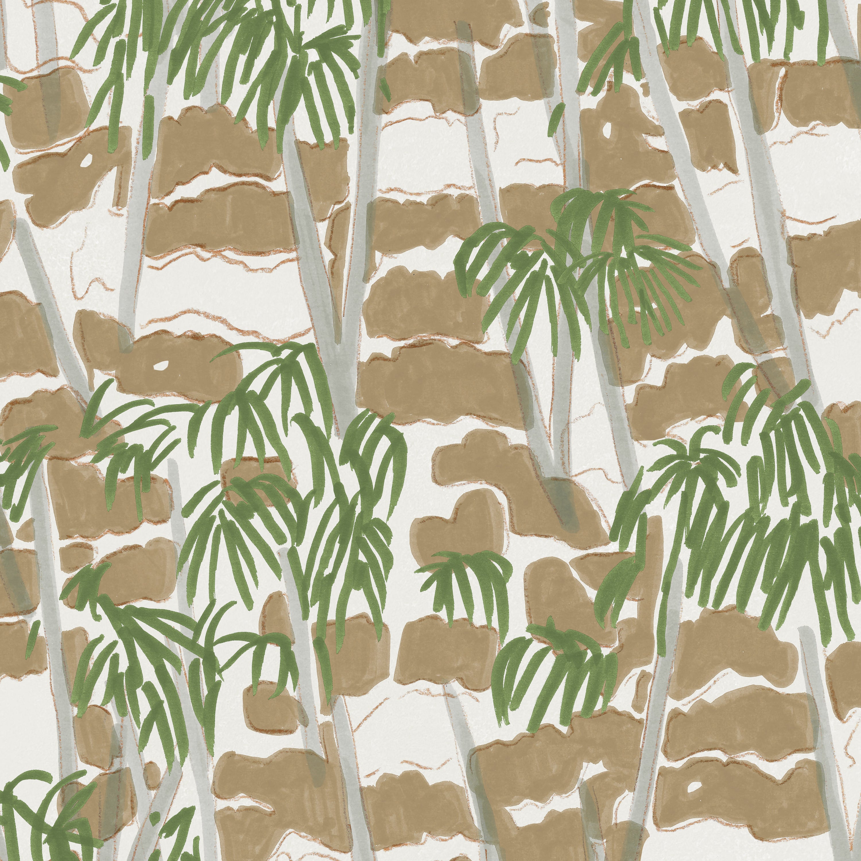 Detail of wallpaper in a painterly palm tree print in shades of green, gray and brown on a white field.