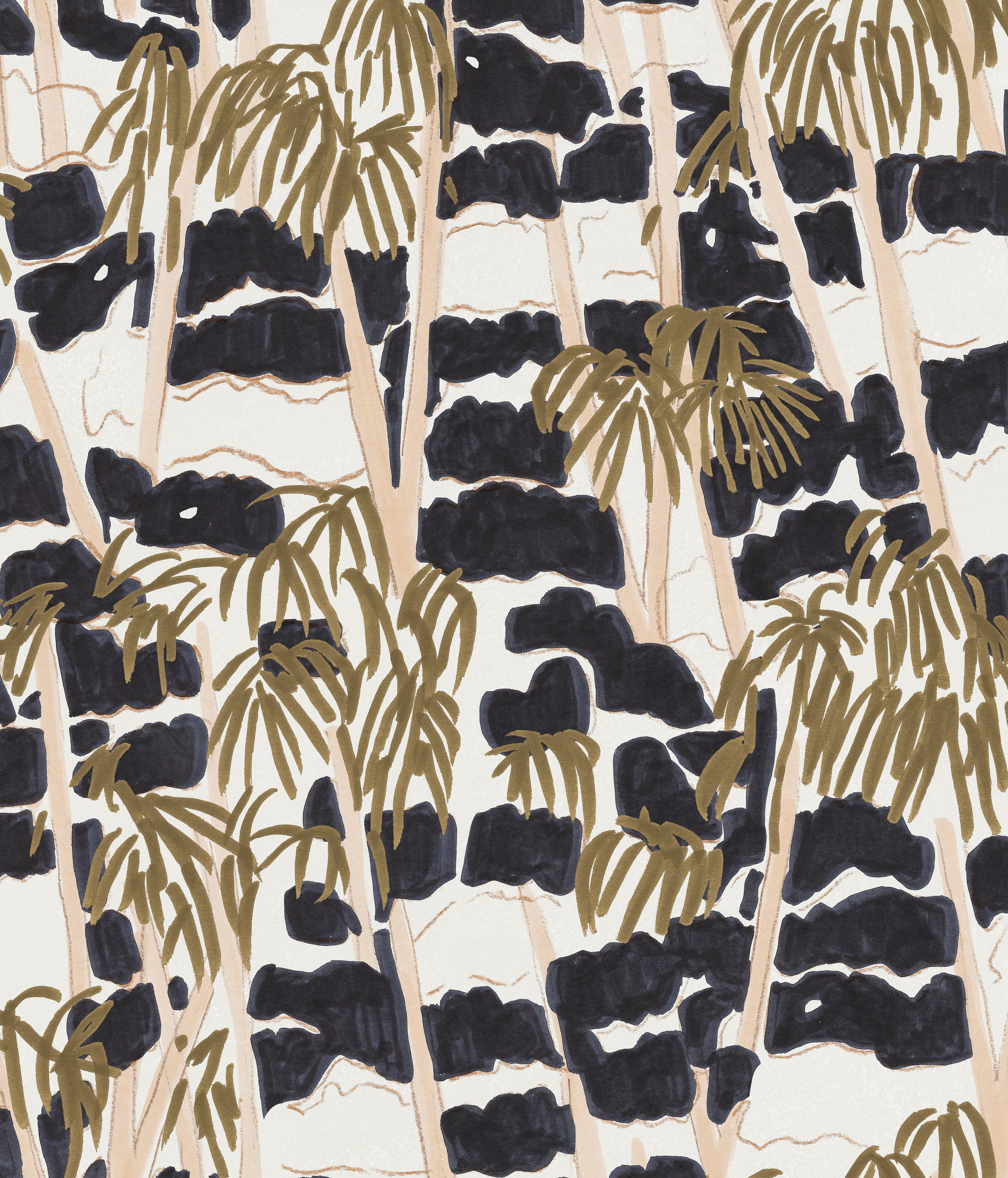 Detail of fabric in a painterly palm tree print in shades of gold, beige and navy on a white field.