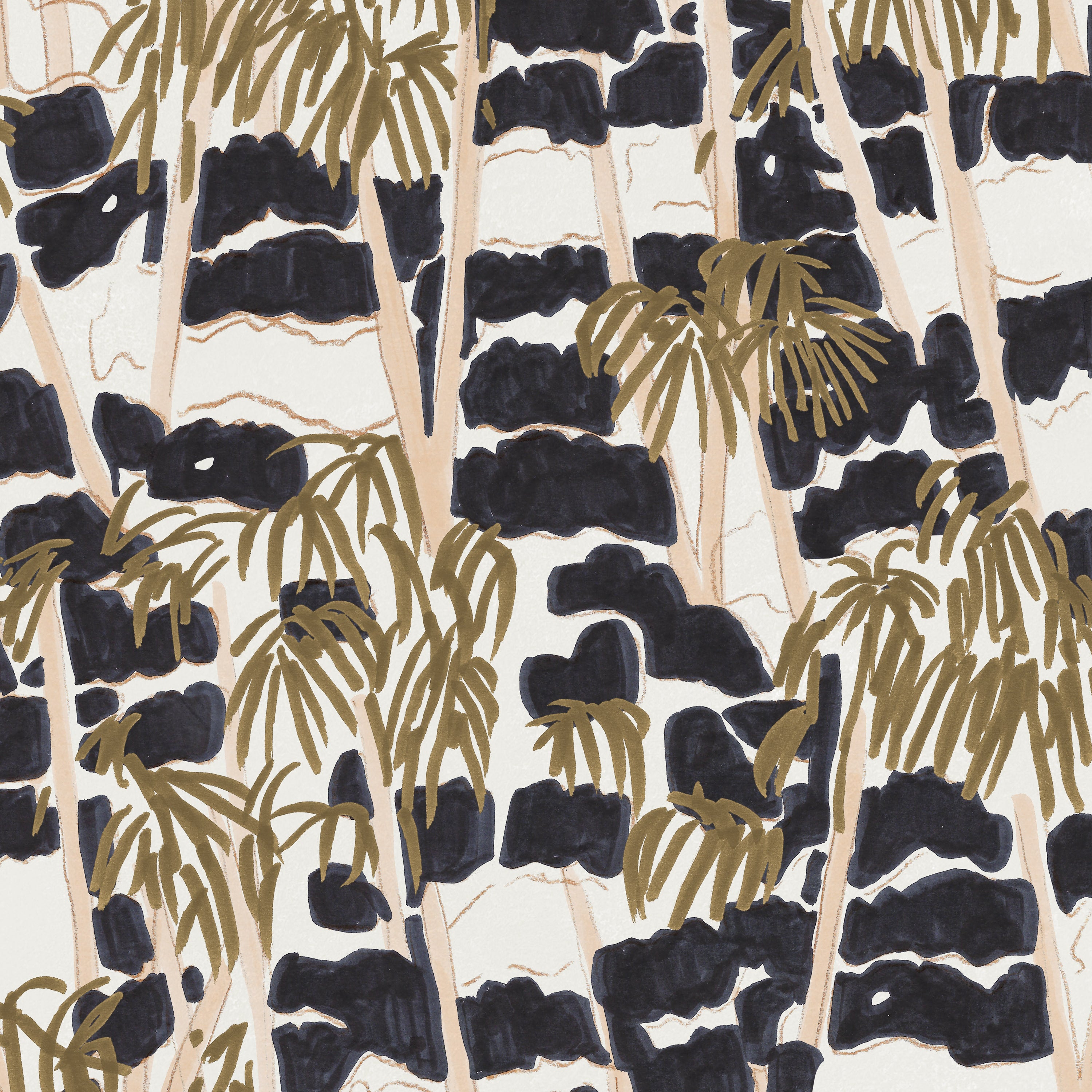 Detail of wallpaper in a painterly palm tree print in shades of gold, beige and navy on a white field.