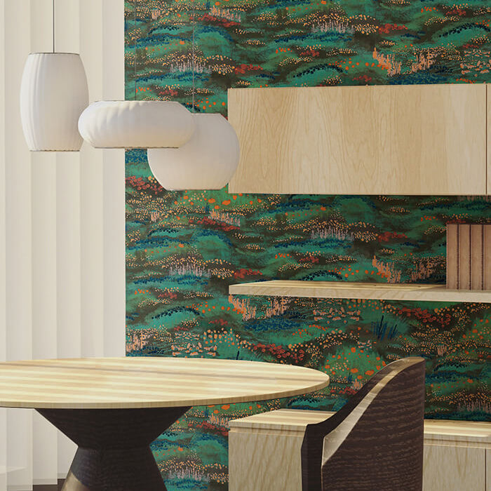 Modernist dining room with a wooden table, chair and paneling set against a wall papered in a painterly floral print.