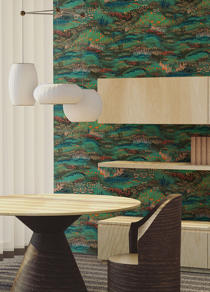 Modernist dining room with a wooden table, chair and paneling set against a wall papered in a painterly floral print.