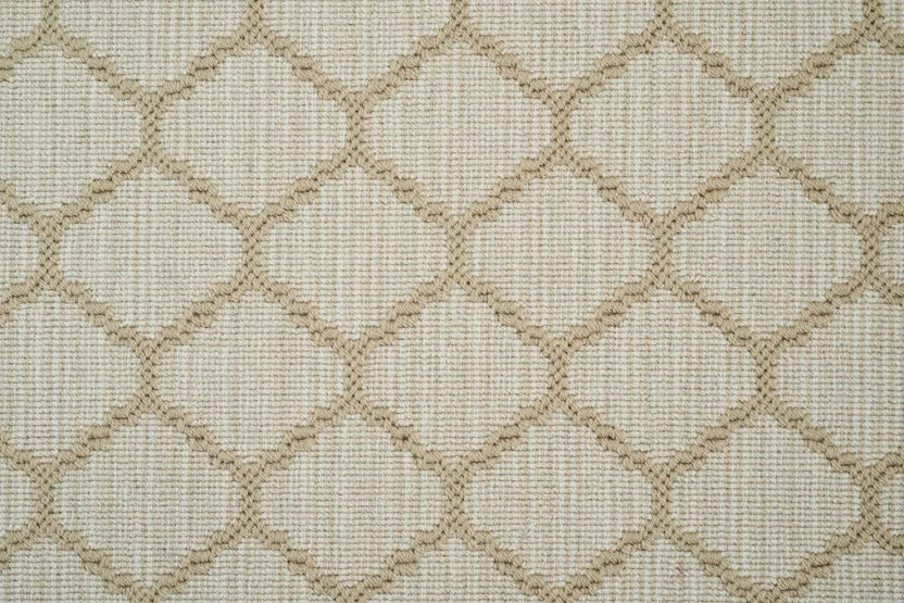 Broadloom carpet swatch in geometric pattern cream color